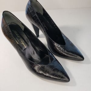 Robert Clergerie Black Croc-Embossed Leather Pointed-Toe Heels